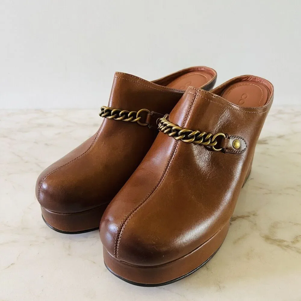 COACH Brown Leather Metal Chain Slip On Clog With High Chunky Heels - US 9.5